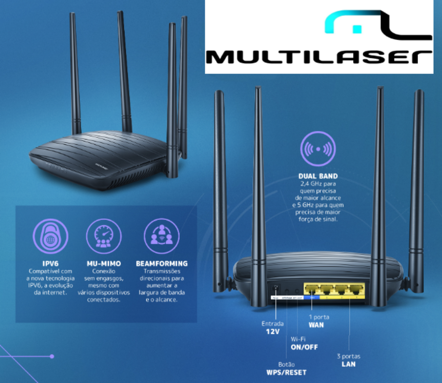 Roteador Wi-Fi Multilaser AC 1200Mbps Dual Band -RE018 